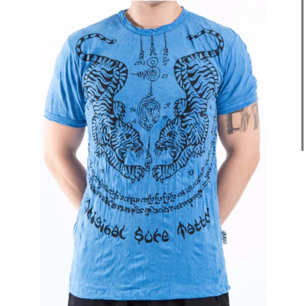 Sure original Design Men's Thai Tattoo graphic T-Shirt Blue size M 100% cotton